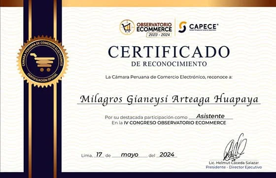 Certificado de reconocimiento del Congreso Observatorio Ecommerce